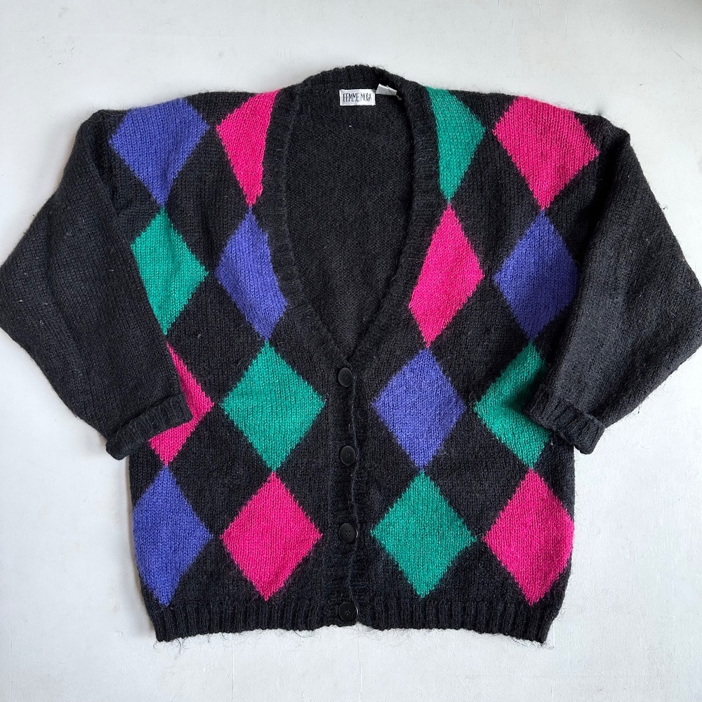 Vintage 80s Femme Mode Neon Argyle Plaid Mohair Blend Cardigan Sweater